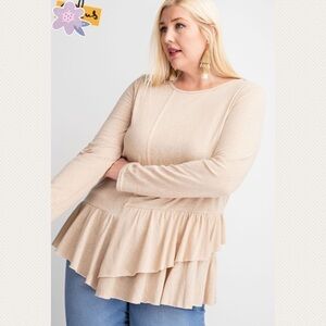 Plus Size LS Cotton Slub Ruffle Bottom Tunic